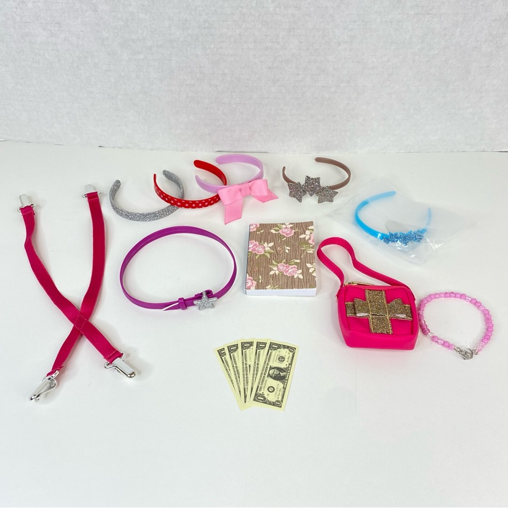 American Girl Accessories Courtney Suspenders Headbands Belt Purse Book Money